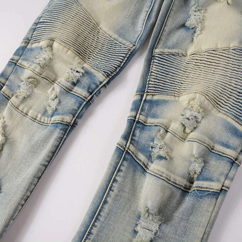 Men's light blue distressed slim stretch jeans with hand-frayed detailing