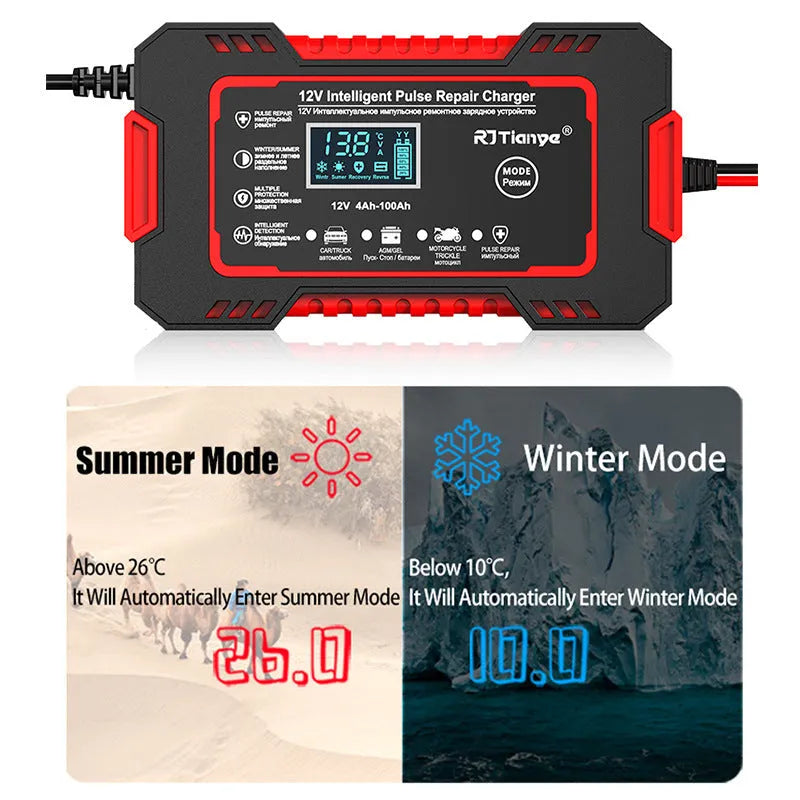 Red US standard car battery charger for lead-acid batteries with reverse connection protection, 213x110x64mm