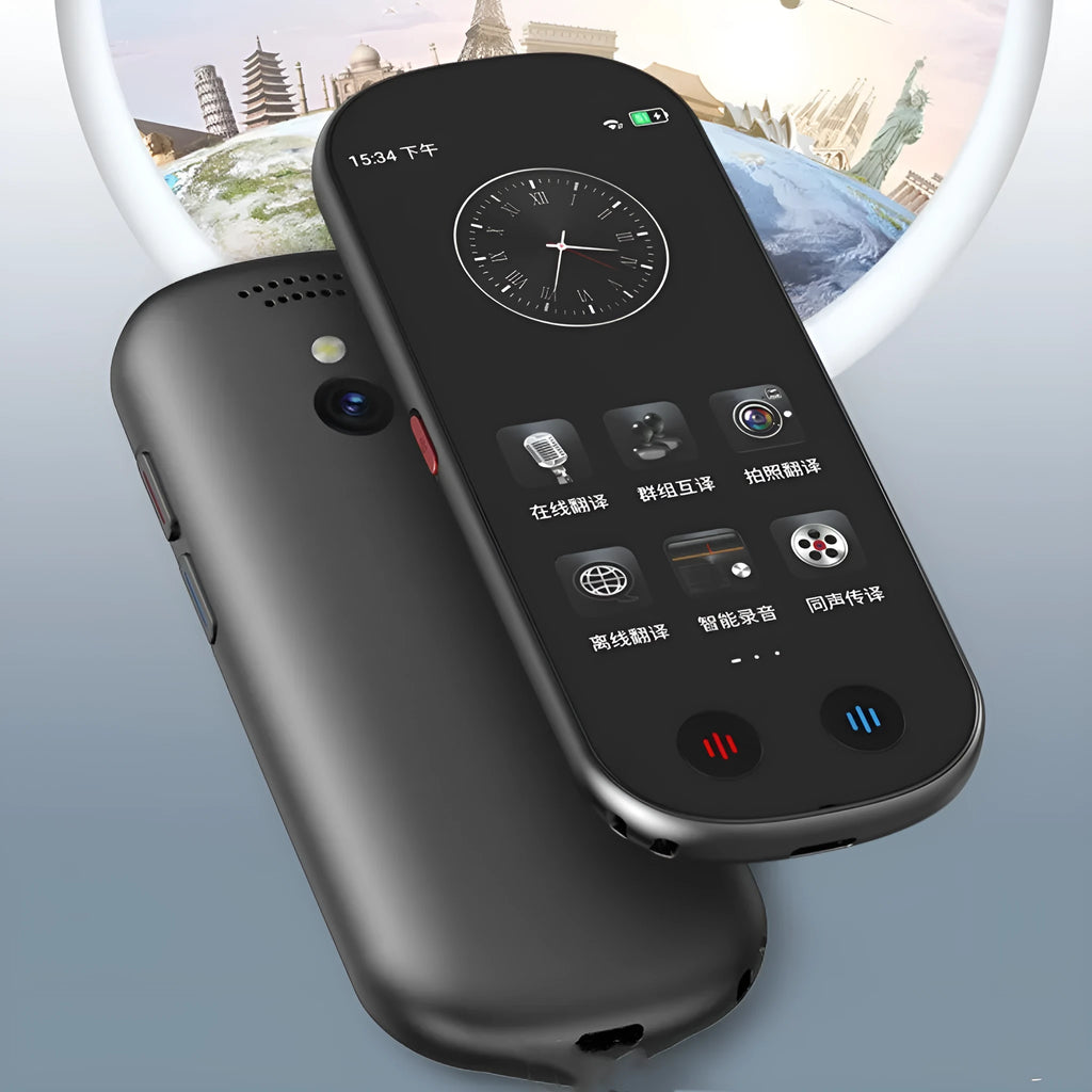 Black simultaneous interpretation translator device with neck lanyard and USB charging cable