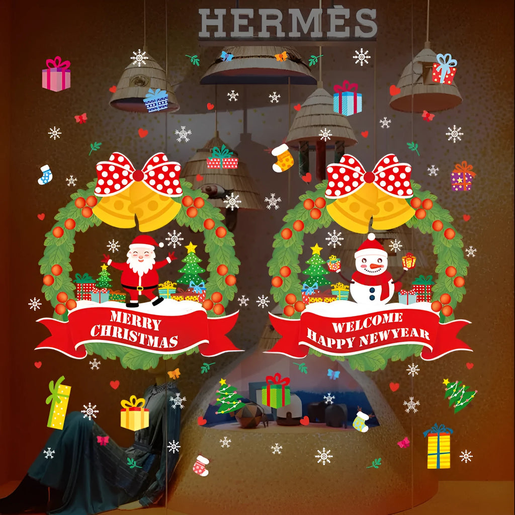 Two large PVC static Christmas wall stickers with cartoon pattern for non-adhesive bedroom decoration