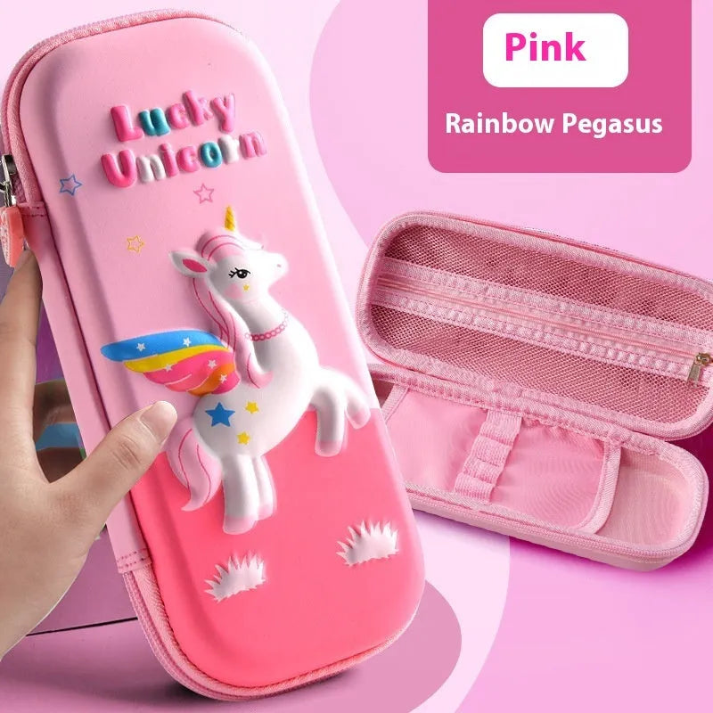 3D leather pencil case with zipper closure showing character design options including astronauts, unicorns, and mermaids