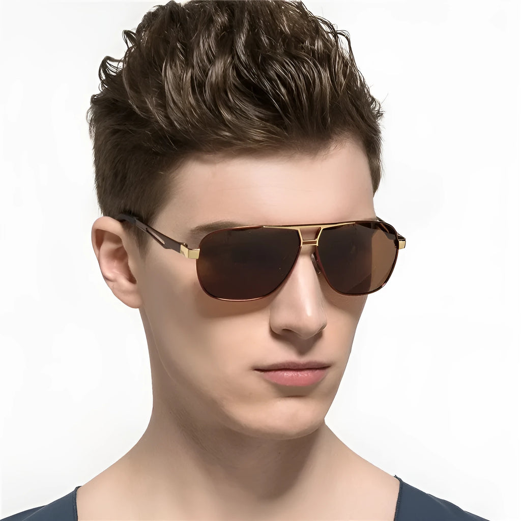 Men's polarised aviator sunglasses with orange red metal frame and dark lenses.