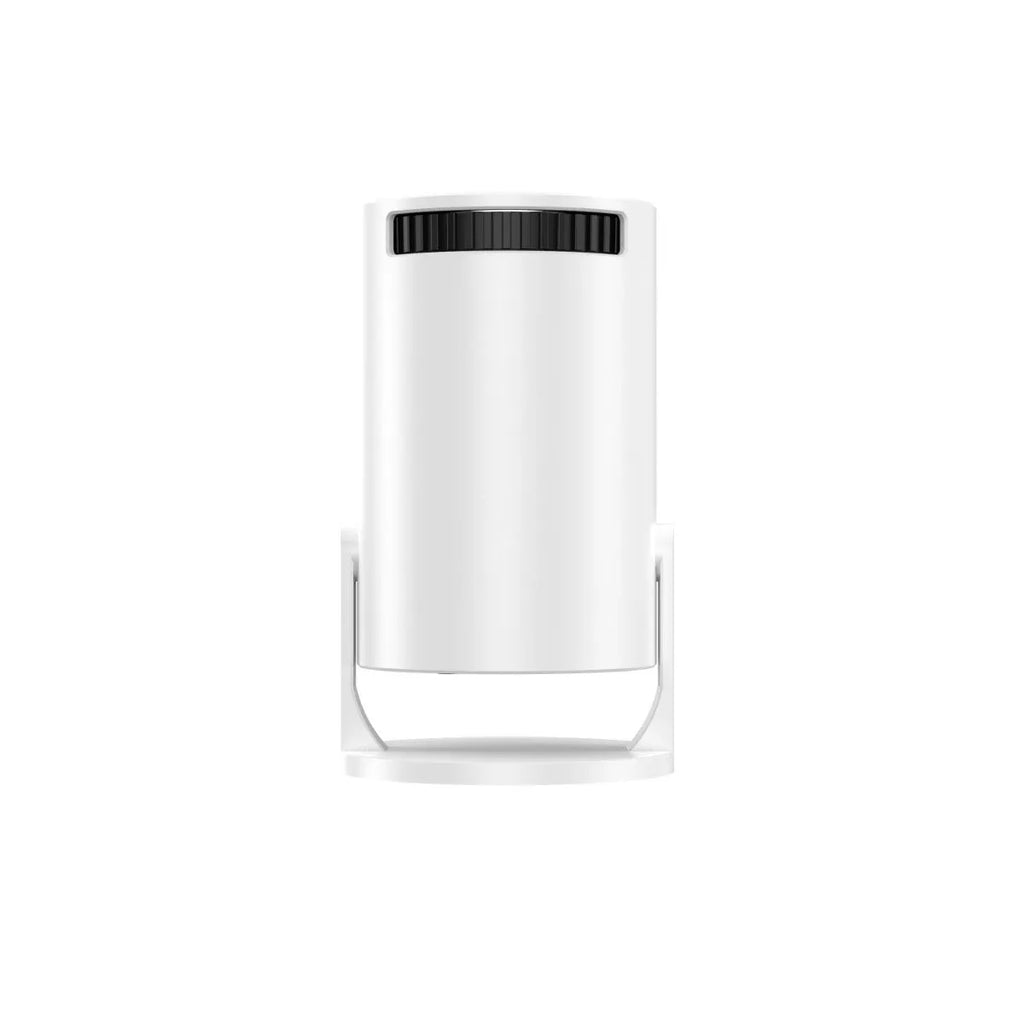 White MINI wireless portable projector showing 1080p HD resolution capability with UK power compatibility