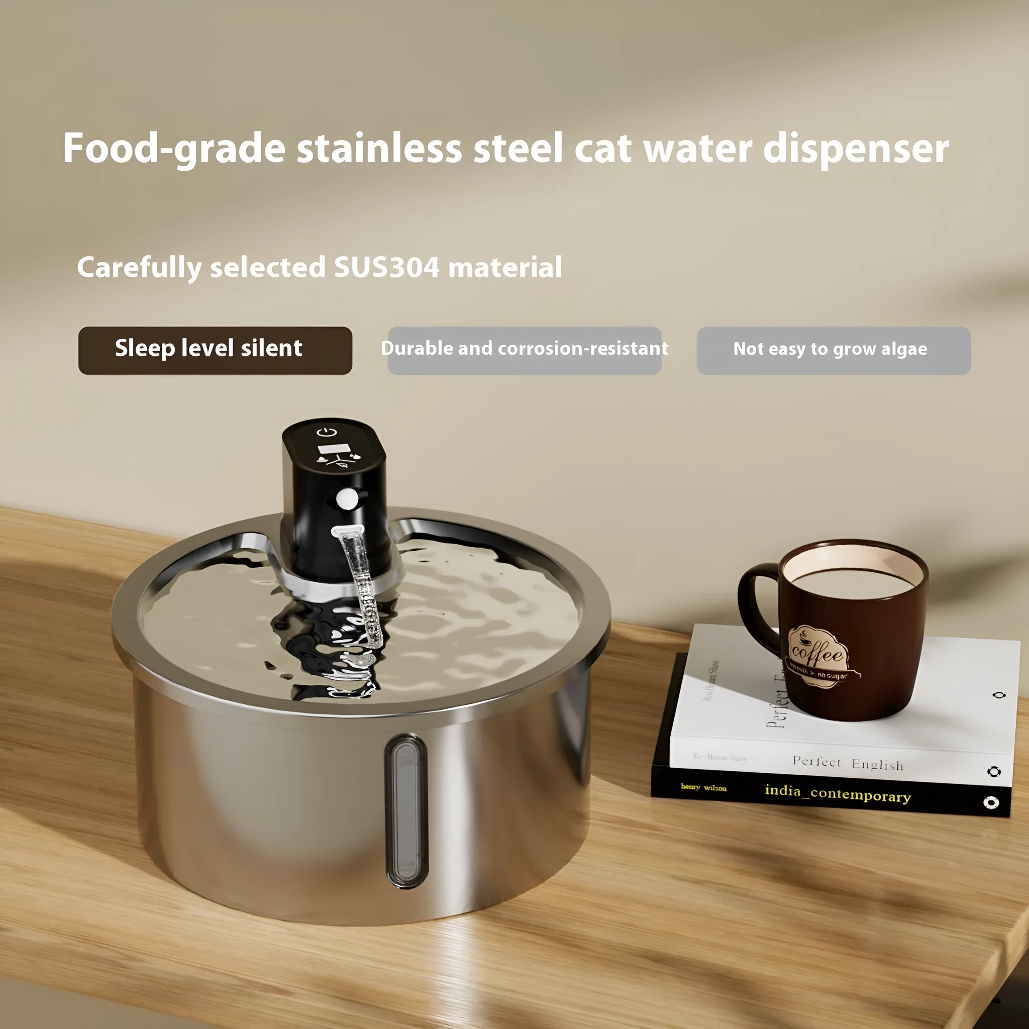 Stainless steel cat water fountain with heating base in black or white