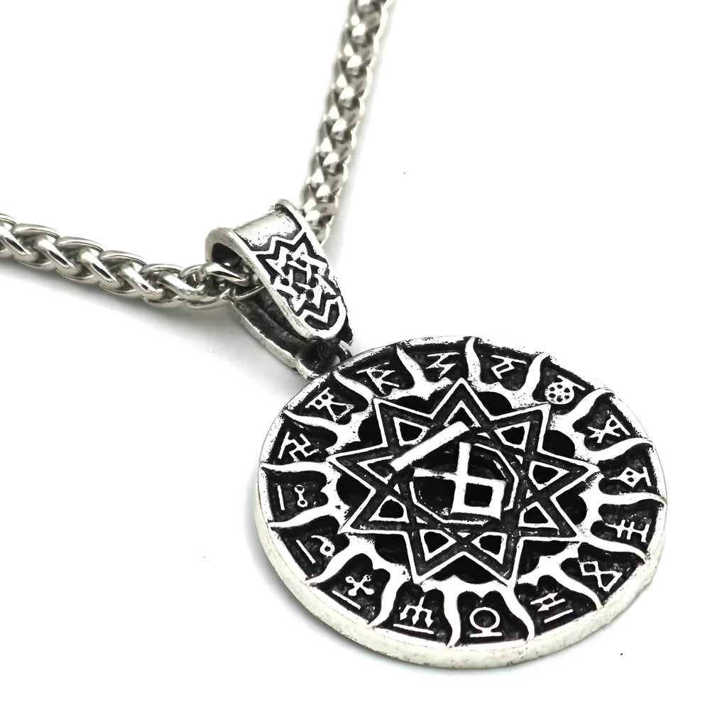 Lunavin ODing logo pendant necklace on a snake chain with leather rope, in antique silver finish.