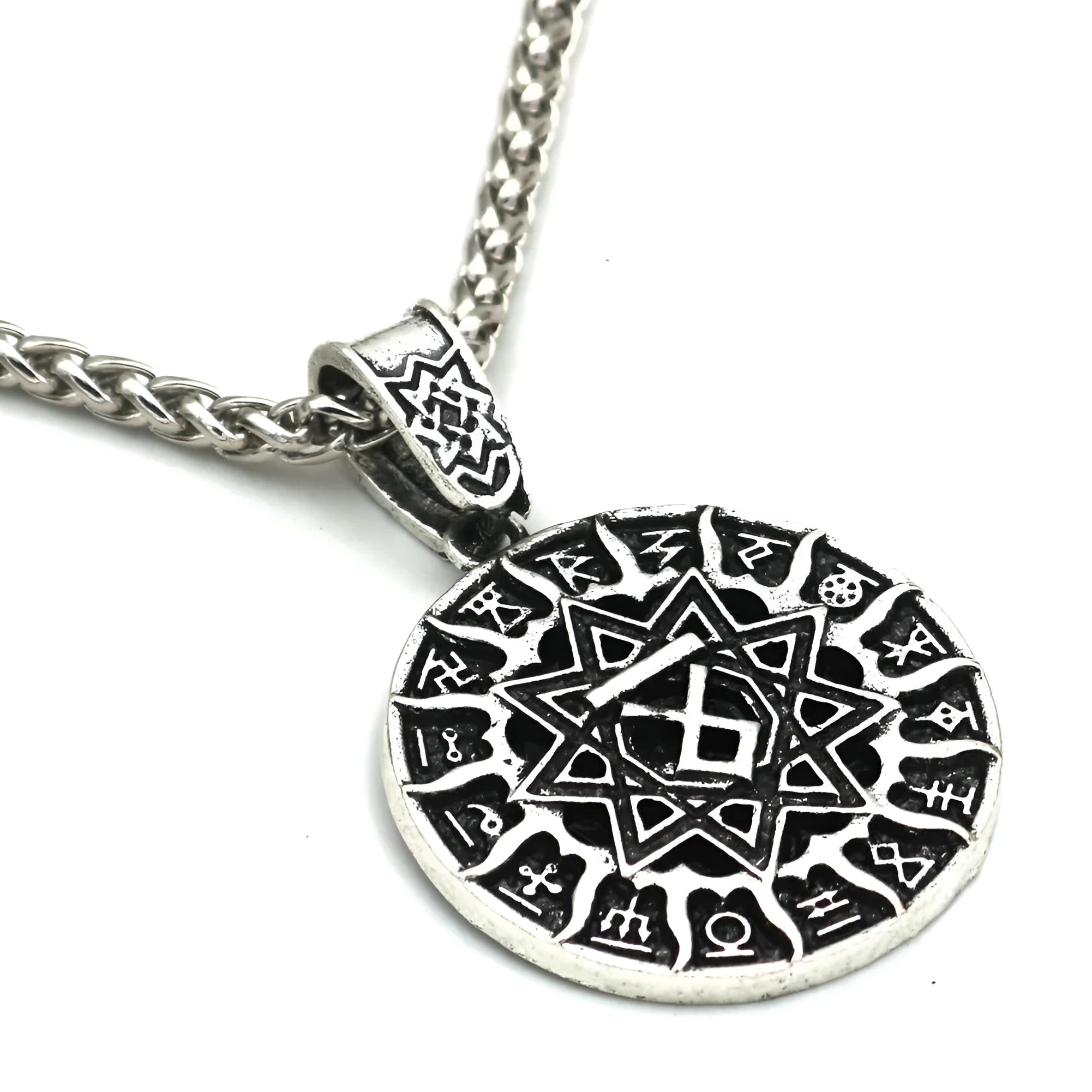 Lunavin ODing logo pendant necklace on a snake chain with leather rope, in antique silver finish.