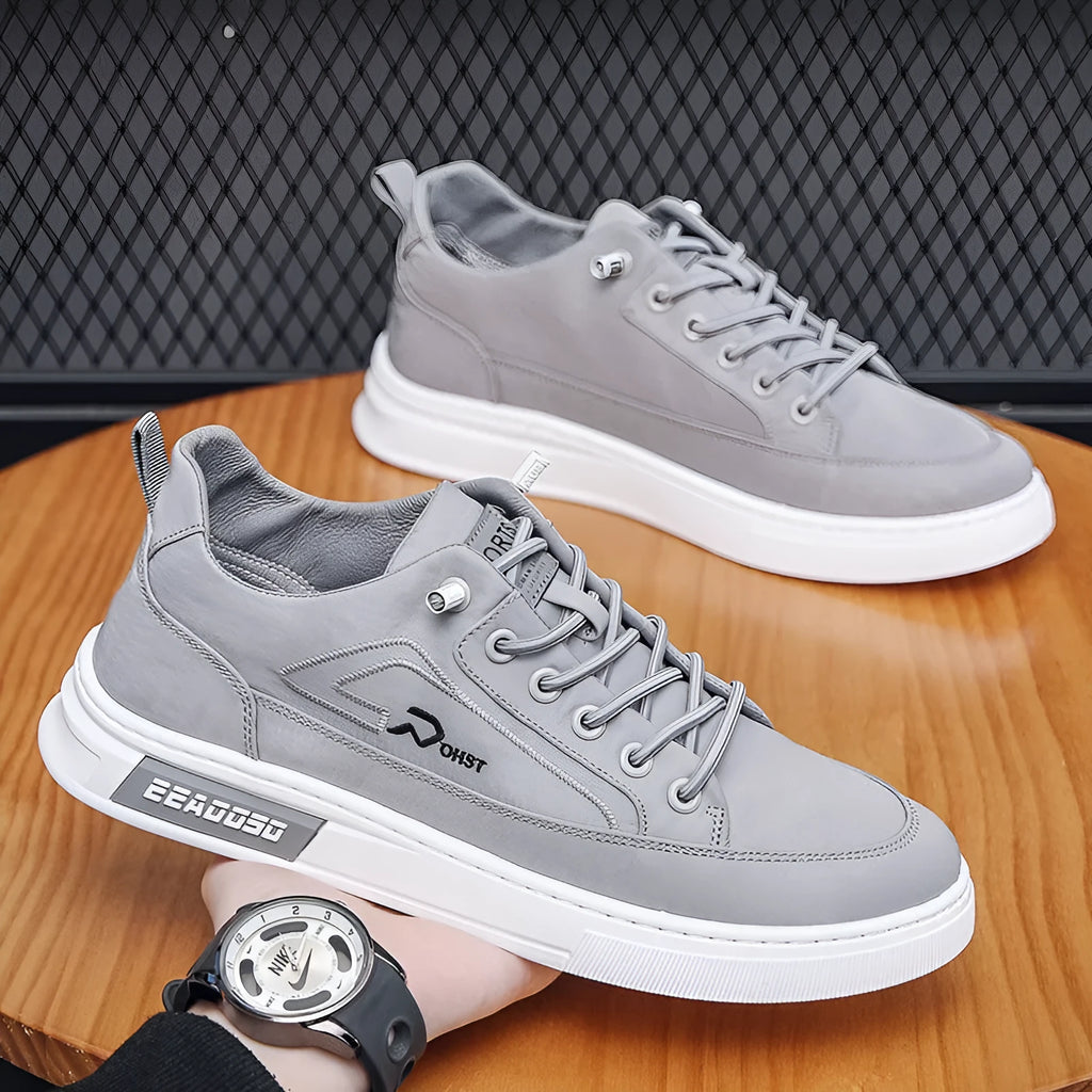 Men's grey casual sneakers with ice silk cloth and canvas upper, round toe and lace-up design