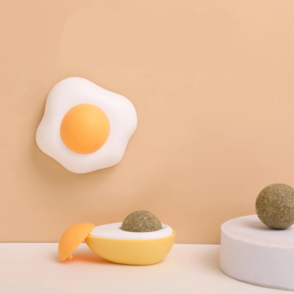 Interactive catnip ball toy in Fried Egg or Poached Egg style with soft plush exterior