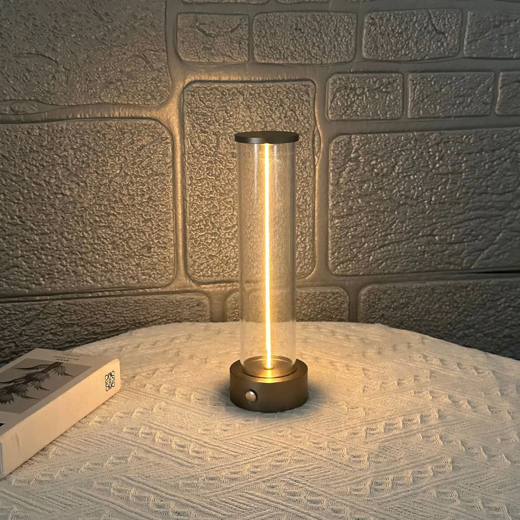 Modern glass USB rechargeable LED night light with magnetic base, dimensions 53mm by 234mm