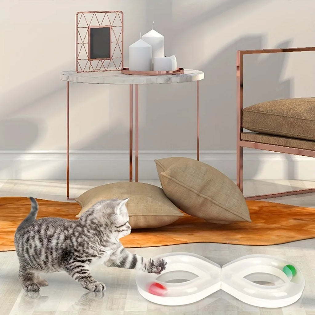 Blue and white cat track toy with turntable ball mechanism and teasing stick attachment