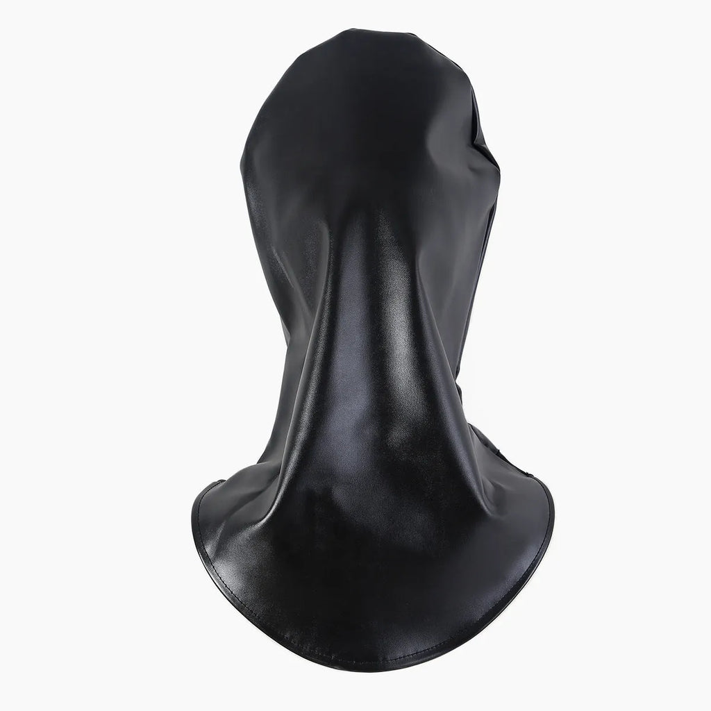 Black leather bondage mask covering eyes with adjustable fit for adult use