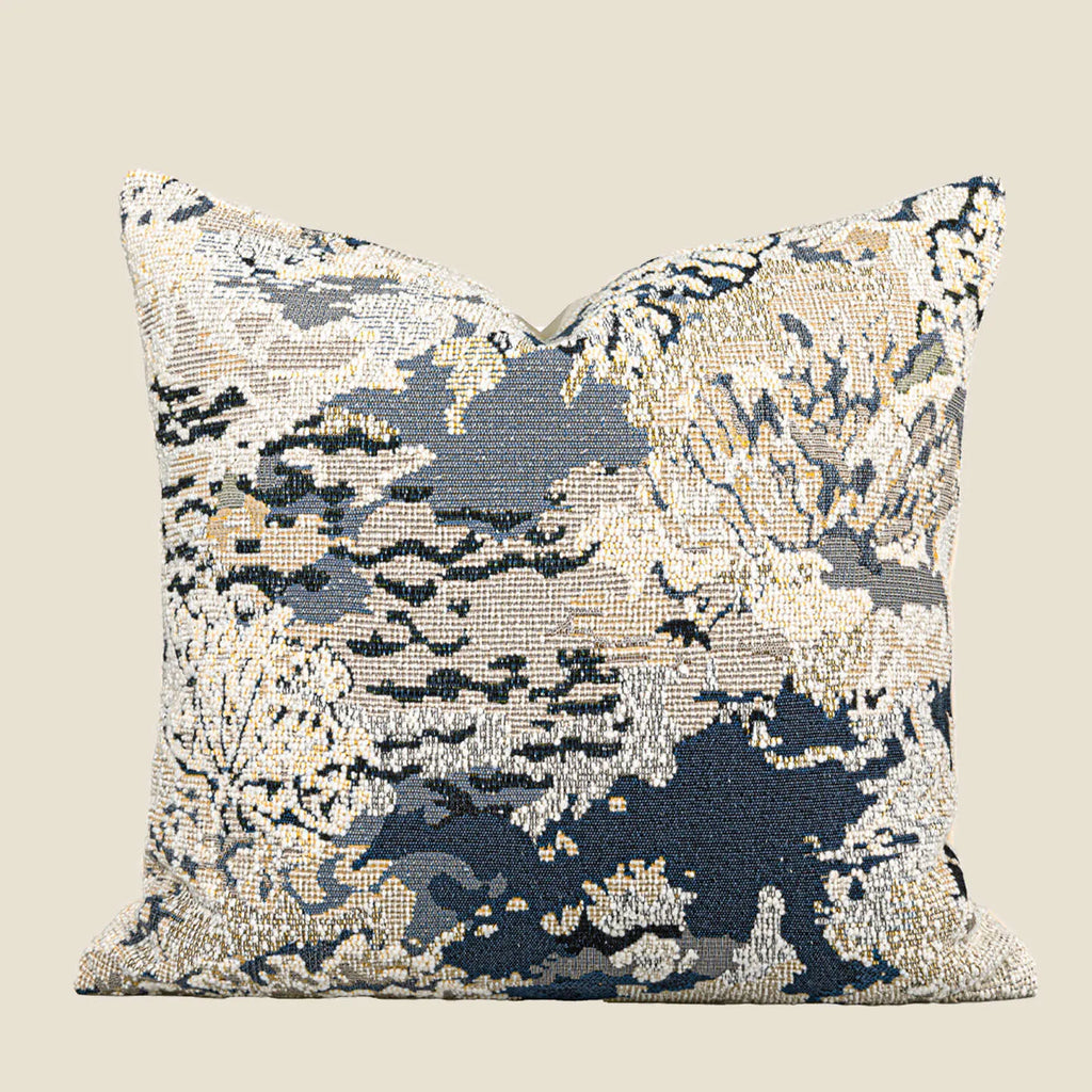 Blue flower and plant pattern decorative cushion in Chinese style, shown as square and lumbar pillow.