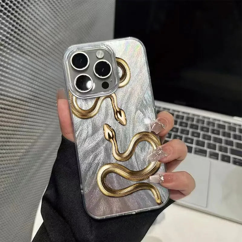 Gold snake hard PC phone case for iPhone 16 Plus with cartoon design and random back texture