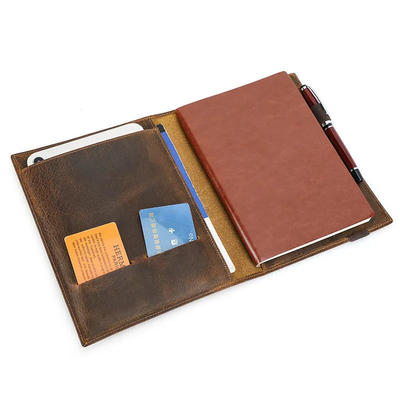 Brown Crazy Horse leather A5 notebook protective sleeve, square socket-type design