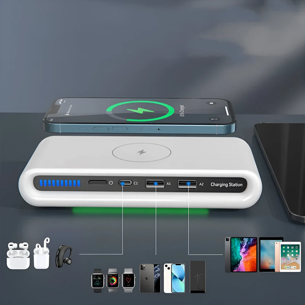 White desktop wireless charger with RGB atmosphere lighting showing phone charging on pad