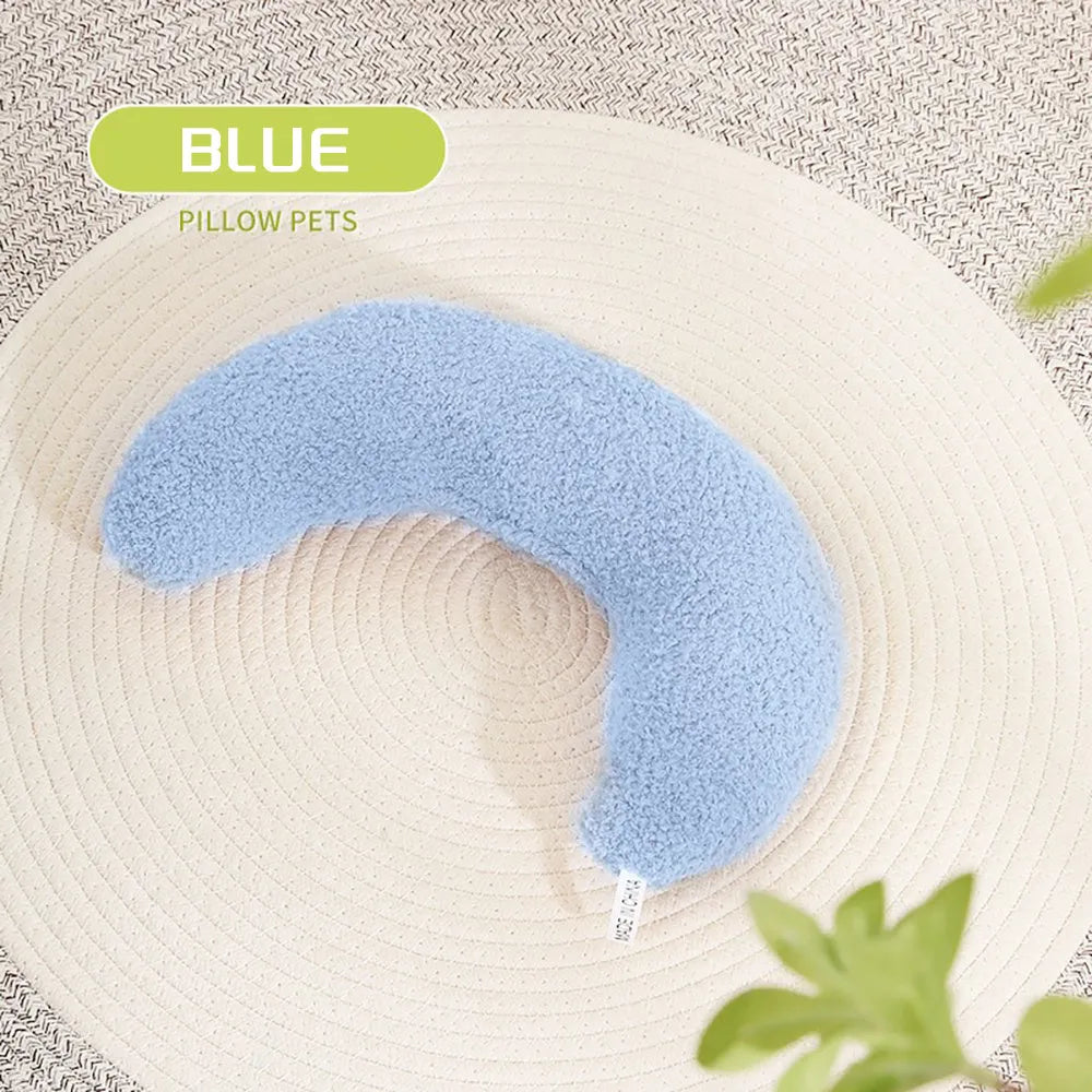 Blue U-shaped cat pillow with adjustable neck collar for ergonomic support