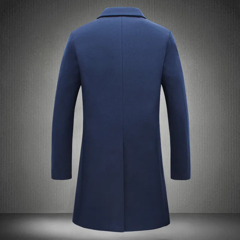 Men's mid-length slim woolen coat with single-breasted placket, lapel collar and patch pockets in black, grey or khaki