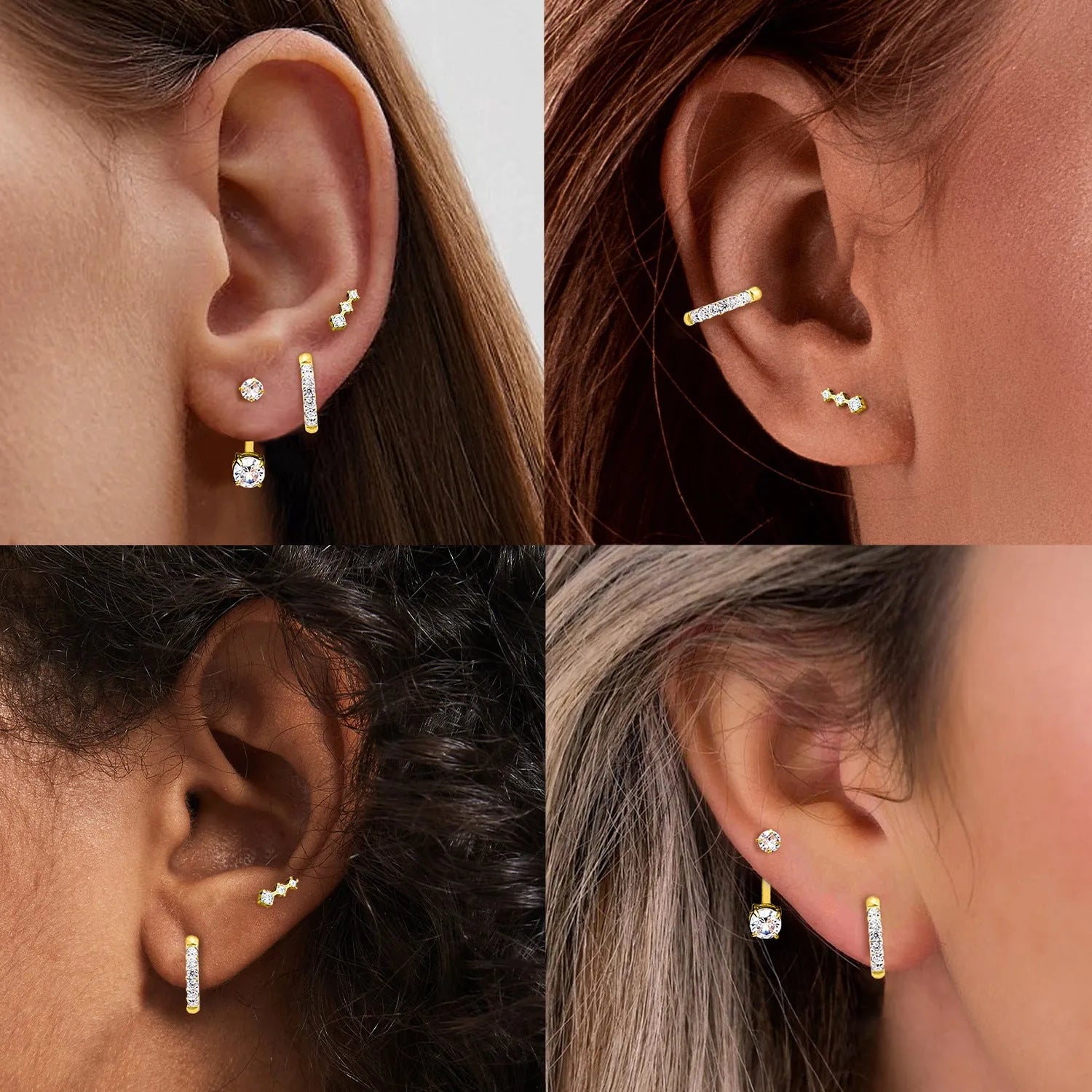 Three pairs of titanium steel ring-shaped geometric stud earrings with zircon inlay on a grey surface in steel and gold tones.