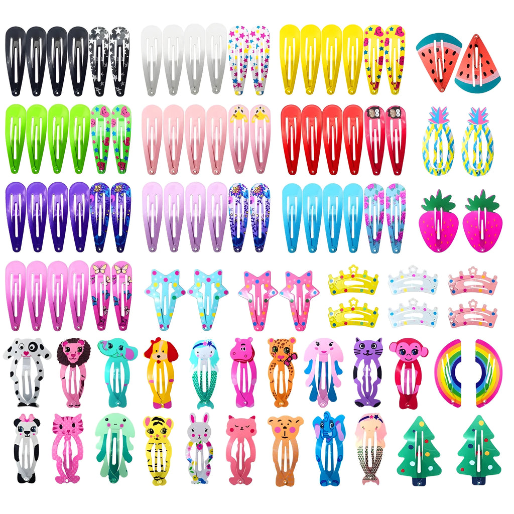 Assortment of 100 metal snap hair clips showing animal, fruit, crown, star, and flower designs.