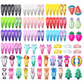 Assortment of 100 metal snap hair clips showing animal, fruit, crown, star, and flower designs.