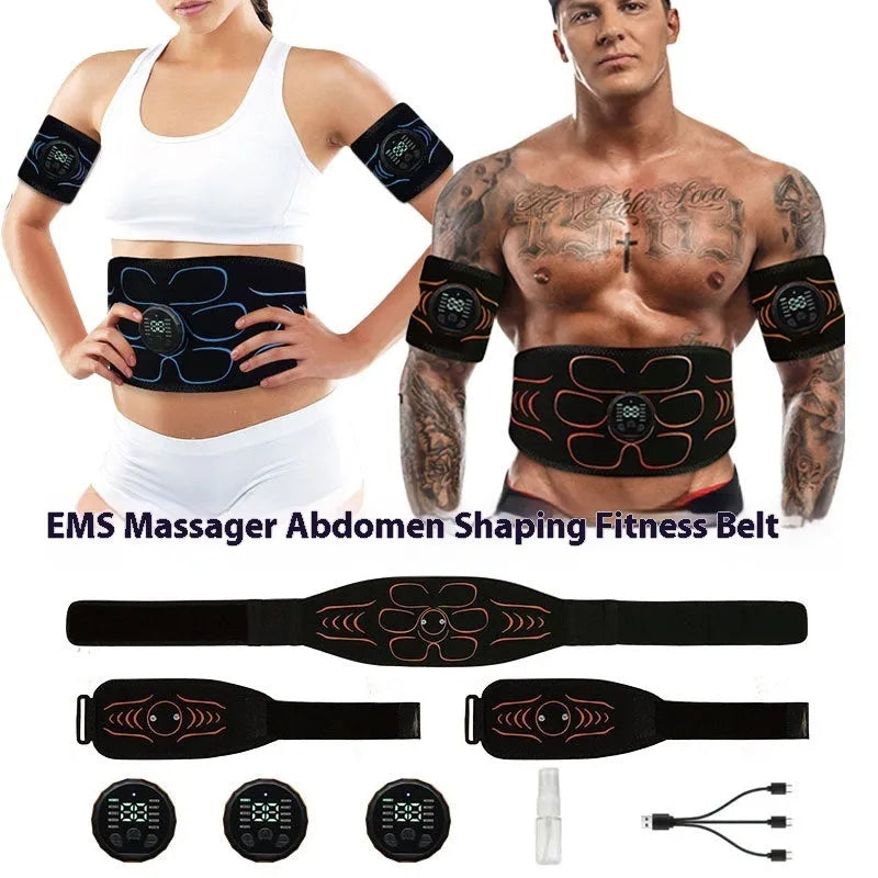Silicone EMS belly shaping belt with muscle stimulator and hand and foot straps on a flat surface