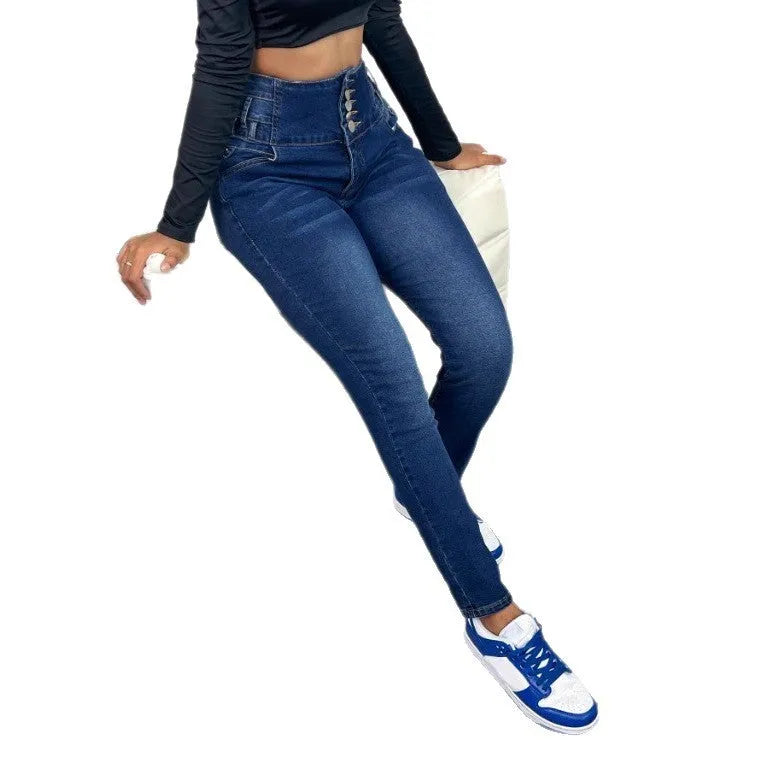 Women's dark blue denim trousers with breasted front and straight-leg cut