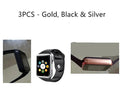 A1 Smart Watch in various colours on wrist, showing 1.54-inch screen, Bluetooth, and GSM SIM features.