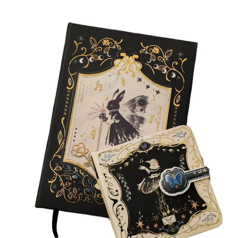 THALO Gothic style A5 retro notebook showing three cover design options including A-Little Rabbit, Forest, and Red Fruit Temptation variants.