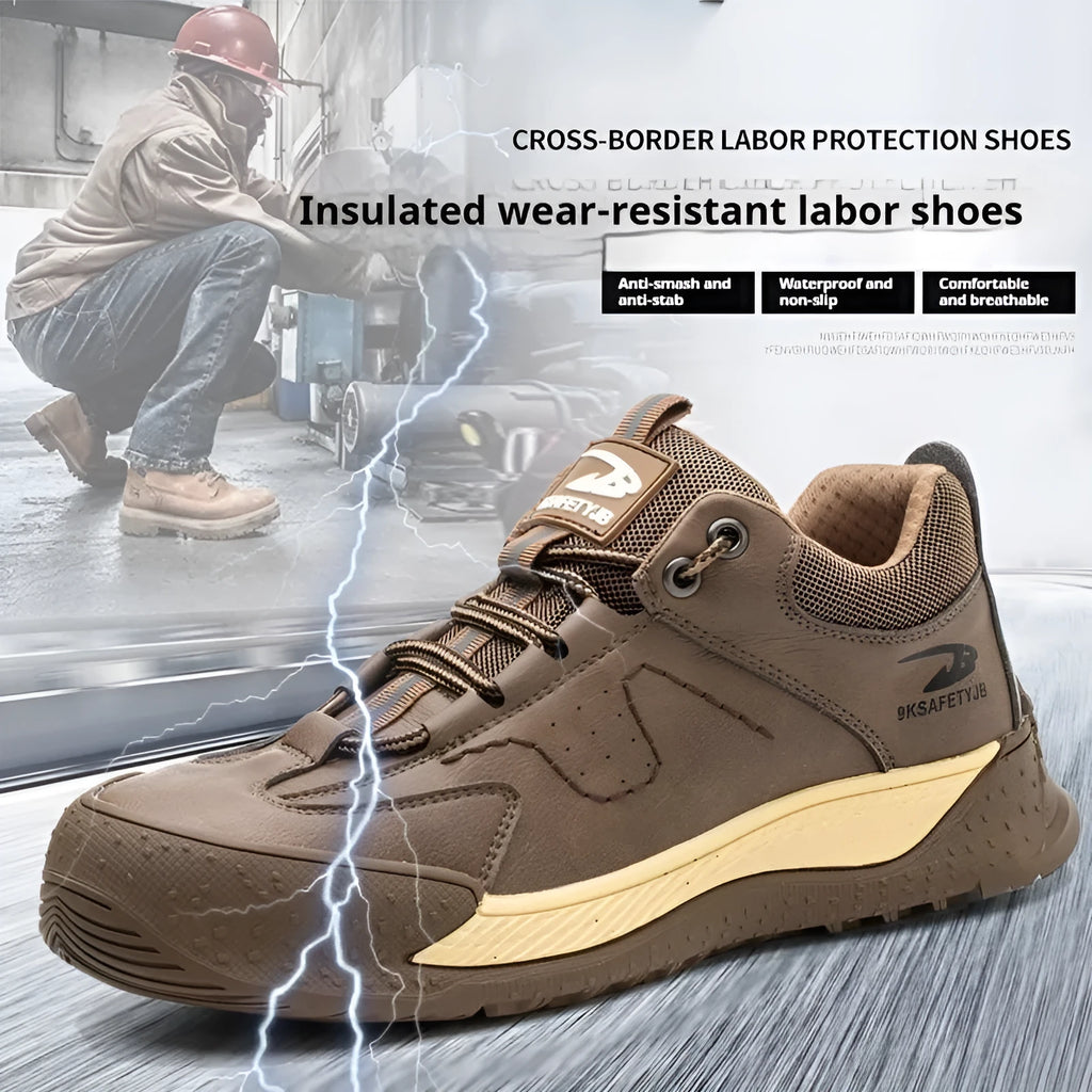 Leather and Flyknit work safety shoe with rubber sole shown in black, khaki, and grey colours