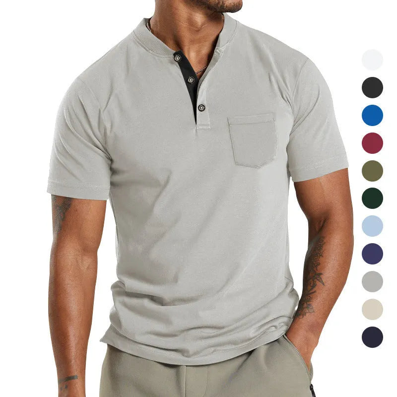 Men's plus size short sleeve polyester polo shirt with button chest pocket in solid colour