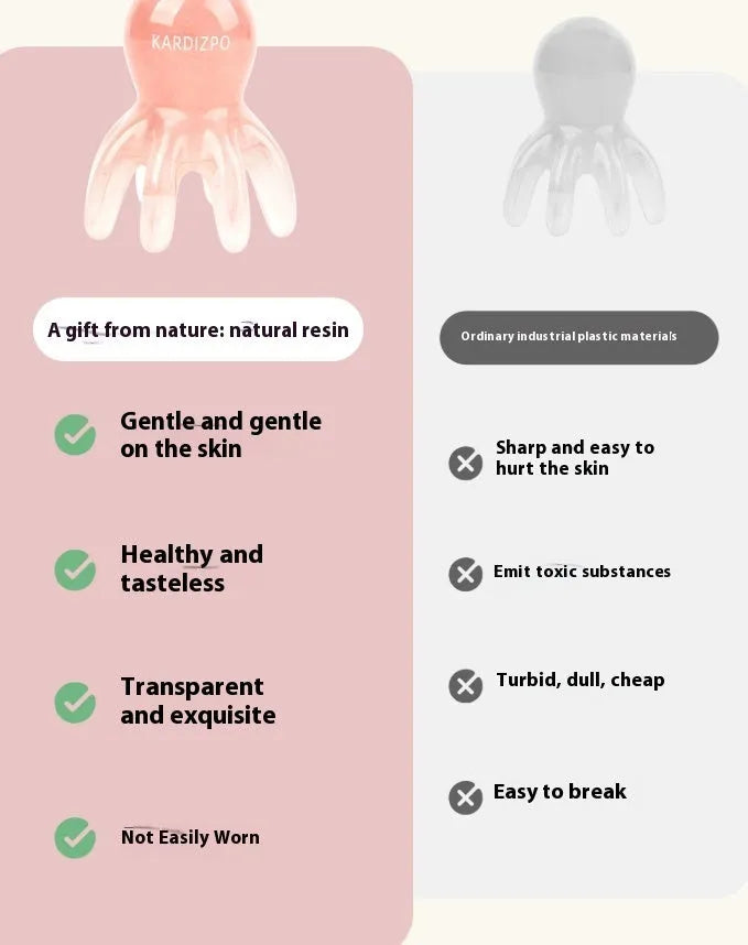 Pink octopus-shaped massage comb for periocular meridian acupressure with curved arms and storage bag