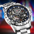 Men's automatic mechanical watch with hollow-out luminous dial and stainless steel strap