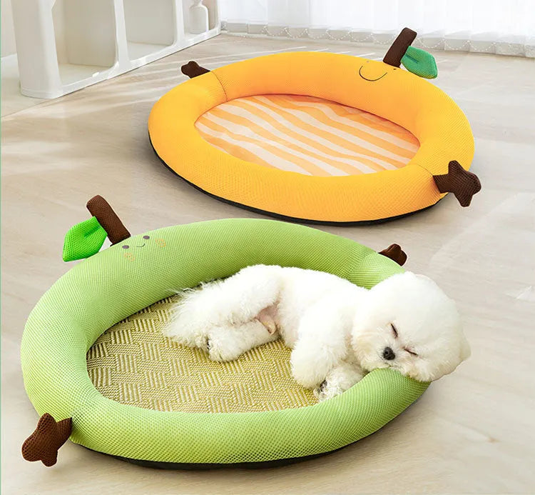 Fruit-shaped pet cooling mat with backrest in green or yellow colour options
