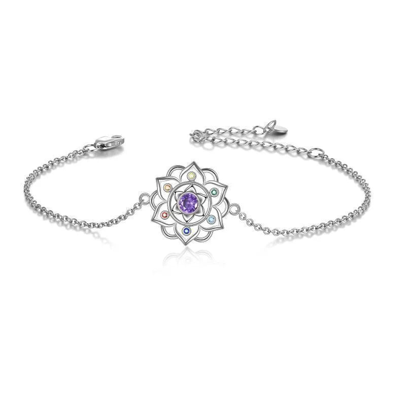 Seven chakra lotus pendant bracelet in sterling silver with white gold plated finish and adjustable cable chain