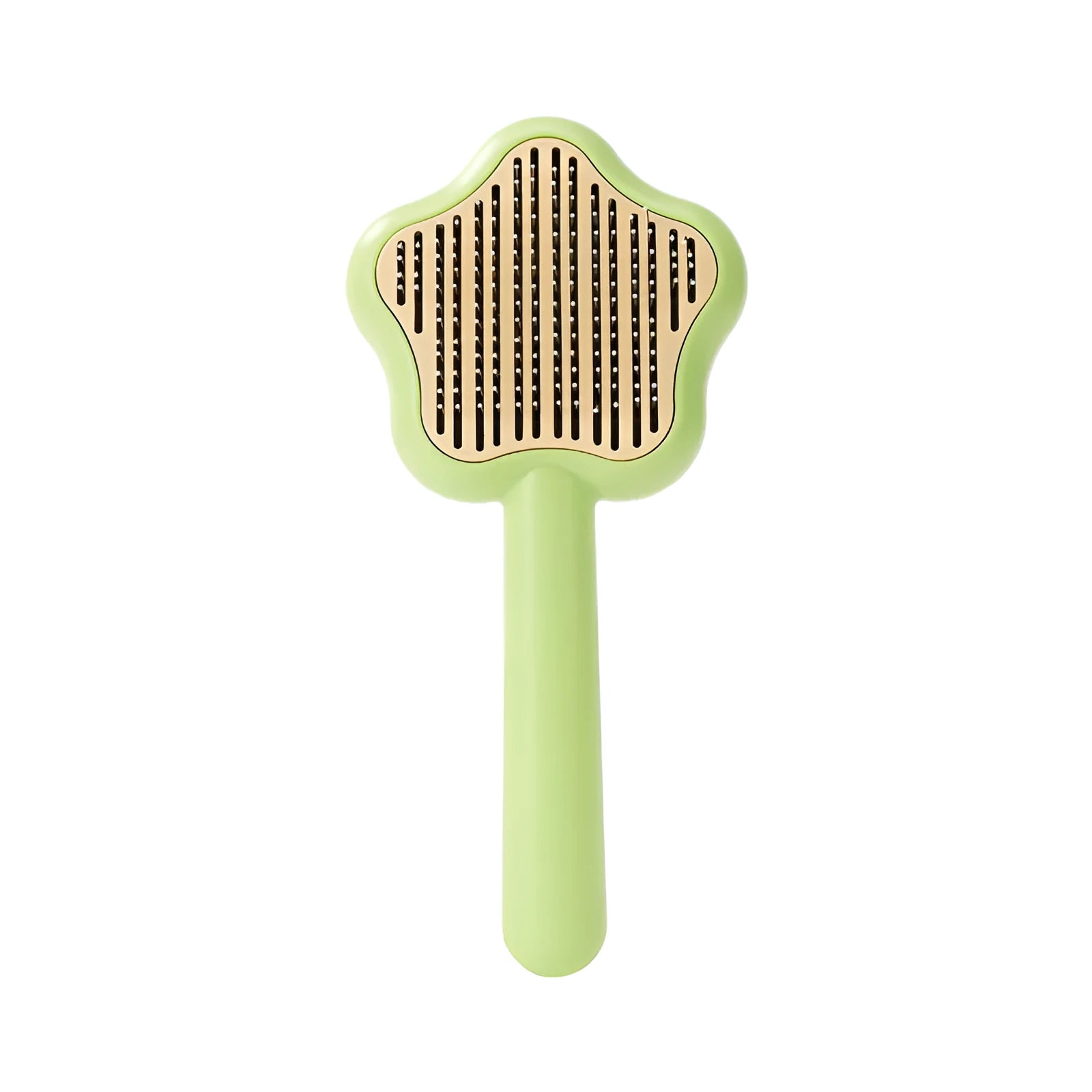 Self-cleaning cat comb with stainless steel needles, green colour, 20cm long pet grooming tool