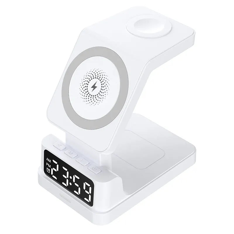 Black magnetic three-in-one 15W wireless charger with clock, Type-C interface, 106x72x112mm