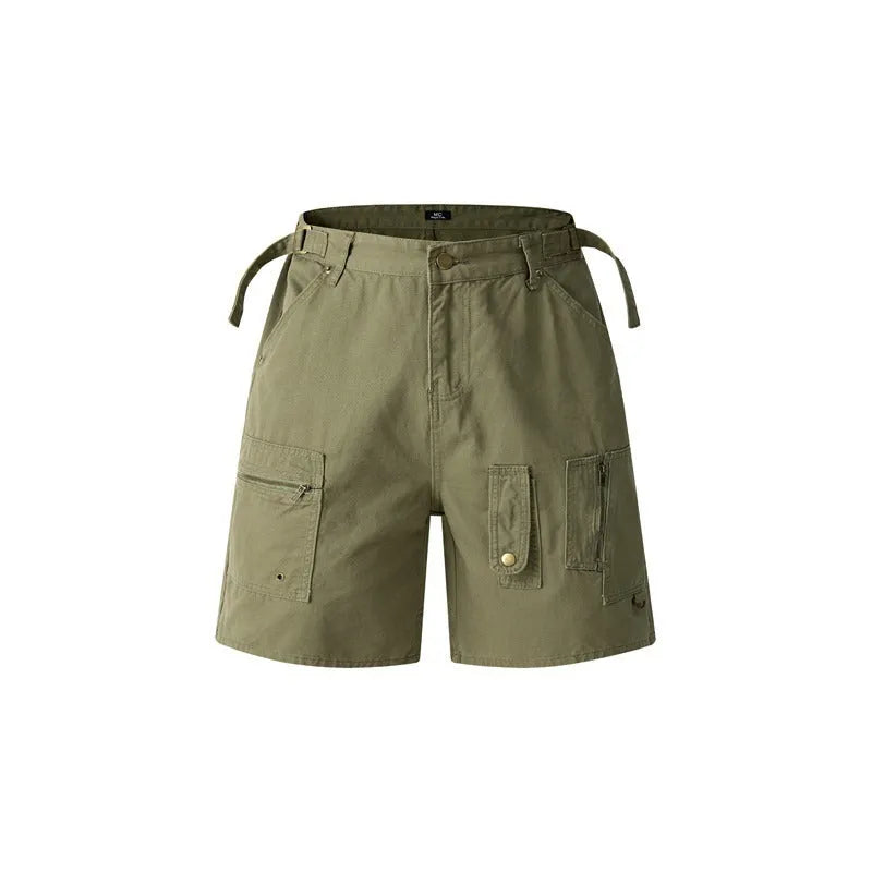 Retro workwear shorts in washed cotton fabric with loose fit and half elastic waistband