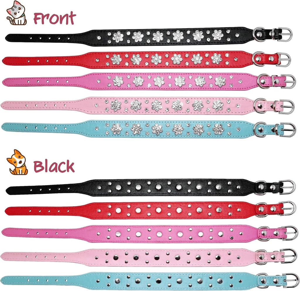 Rhinestone and studded flower pattern on a black adjustable PU leather dog collar with metal D-ring