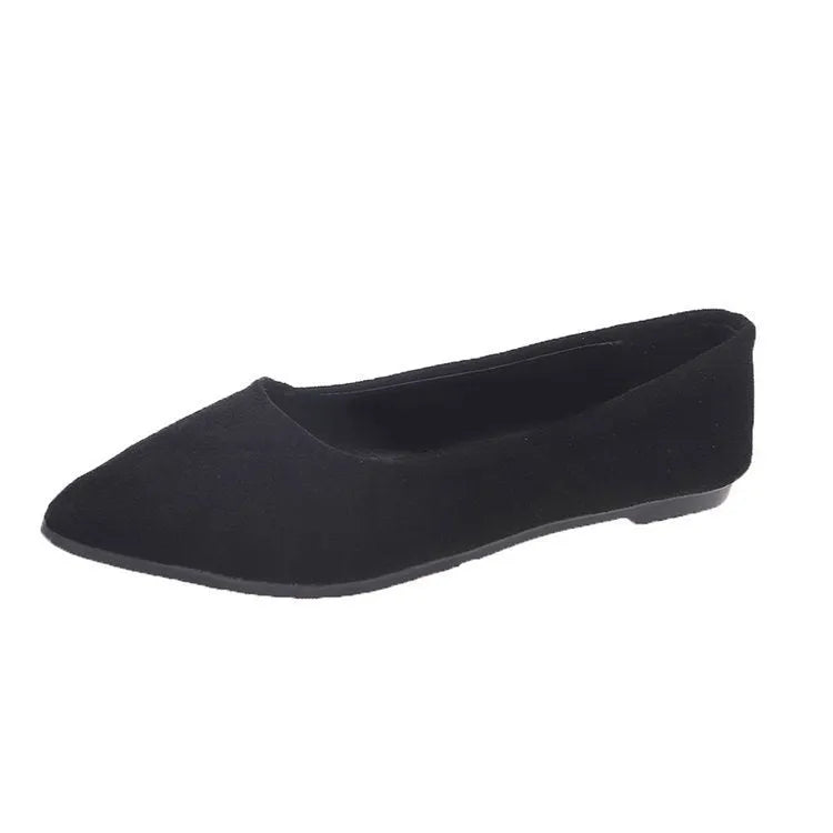 Women's flat pointed toe leopard print pumps with a low heel on a plain background.