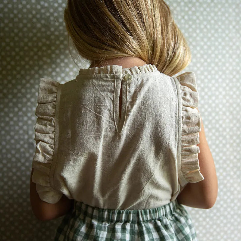 Girls cotton linen solid colour sleeveless T-shirt with wooden ear detail in beige