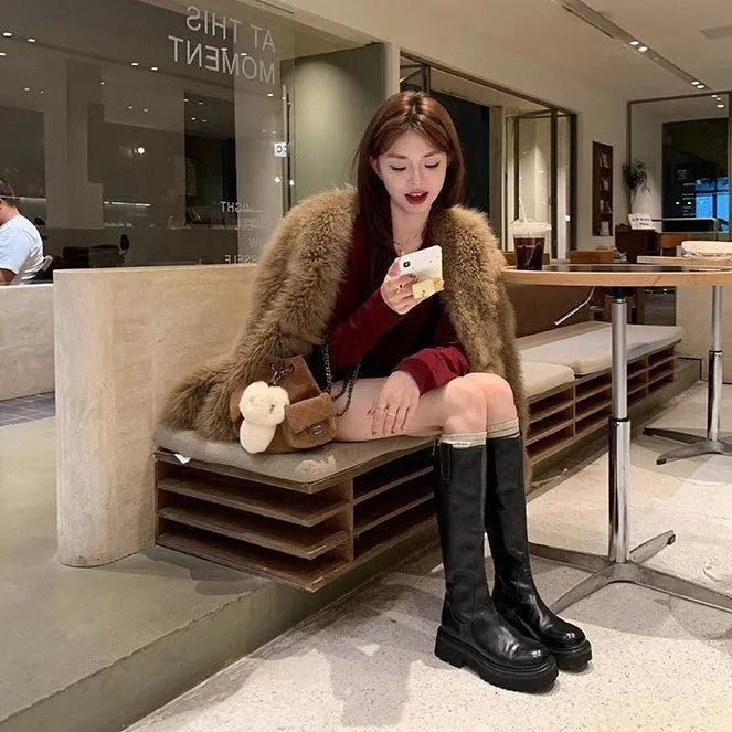 Round head thick bottom chunky heel long tube knight boots in black with back zipper