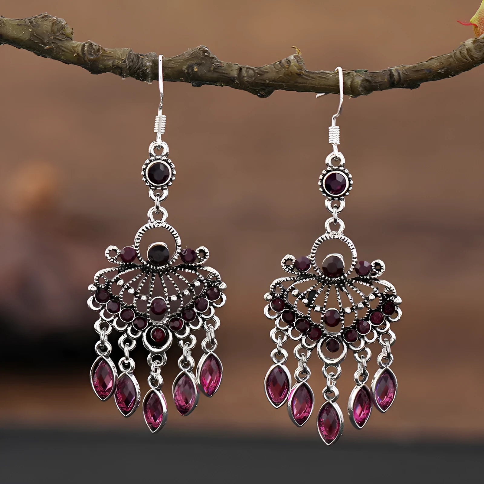 Smart water drop purple retro fringe earrings with drop shape and crystal detailing