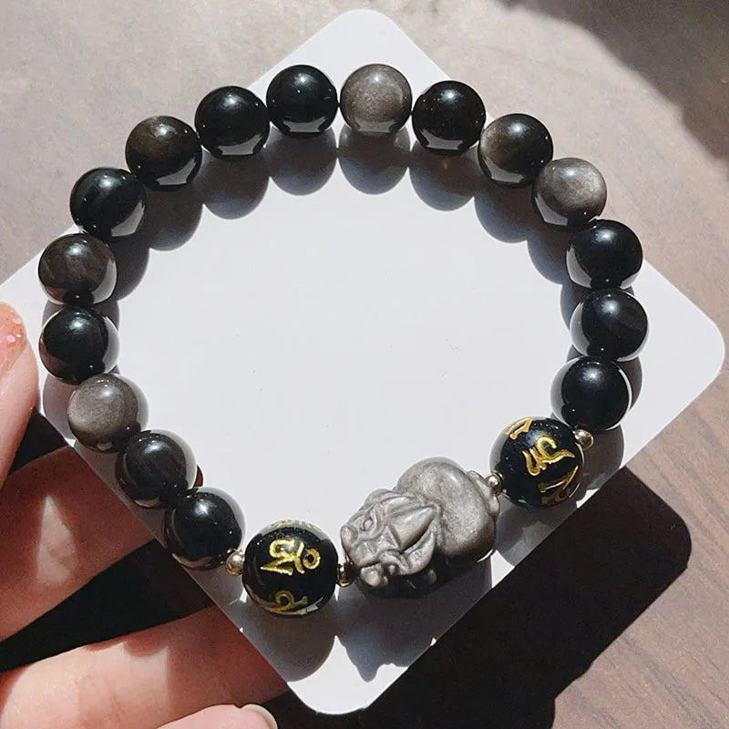Men's silverstone beaded bracelet with Chinese zodiac motifs and engraved proverbs on adjustable 20cm band