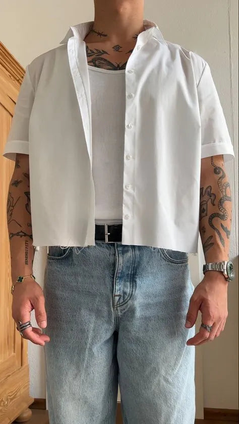 Men's white plain short sleeve polyester shirt with a cropped top length.