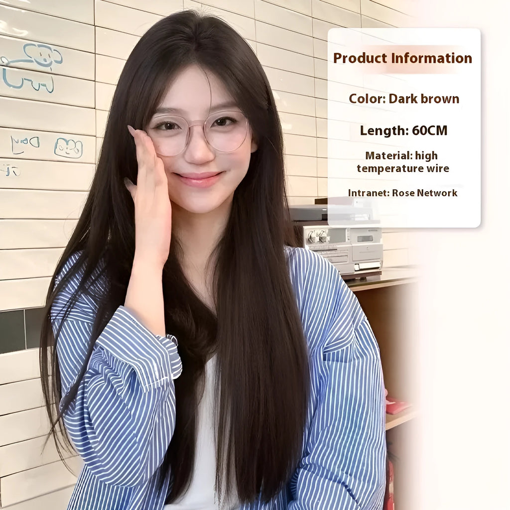 Forehead lace front wig with mid-length natural black straight hairstyle and styling accessories