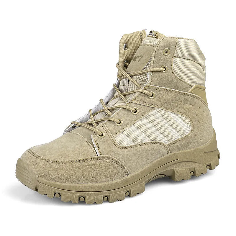 Men's high-top hiking shoes in artificial PU with metal accents, shown in black camouflage colour