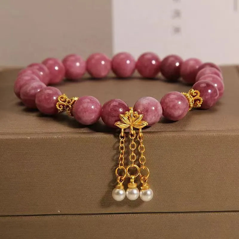 Pink lotus tassel natural stone bracelet with pearl pendant and electroplated crystals