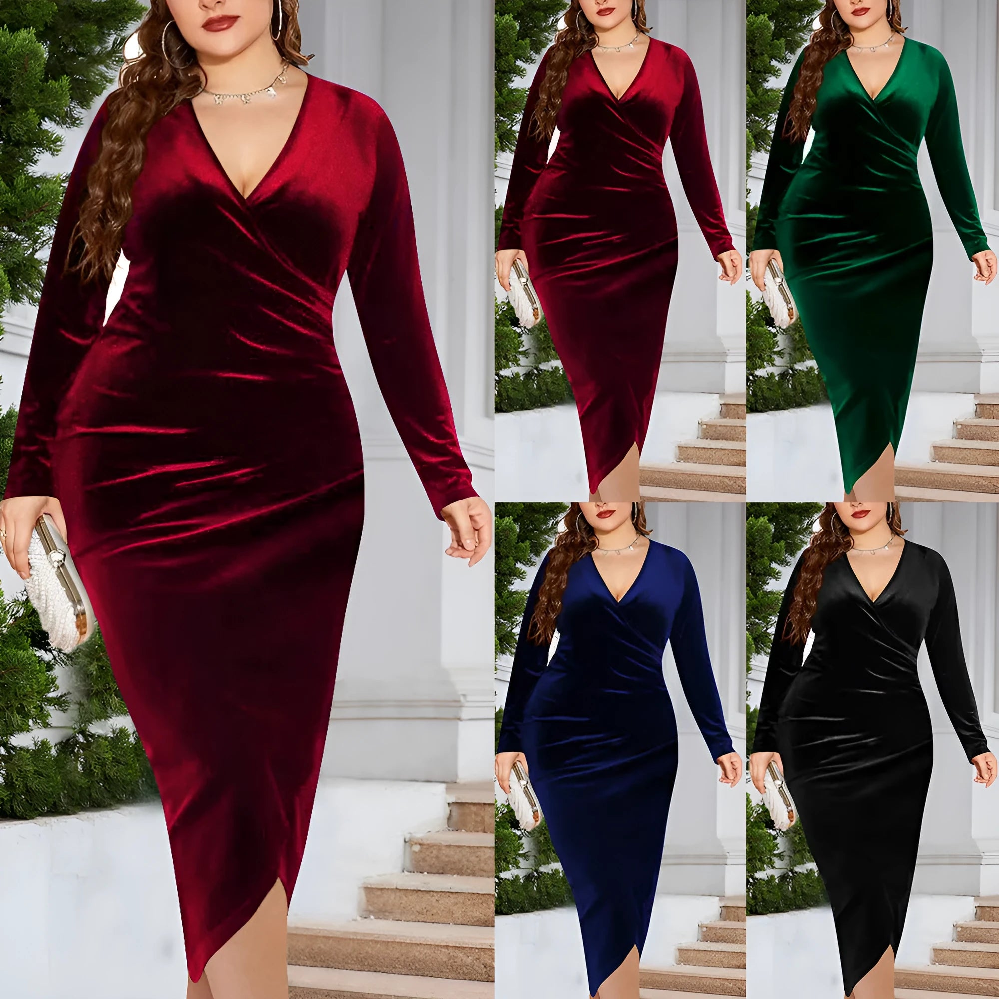 Women's V-neck dress with regular long sleeves in polyester fabric available in multiple colours