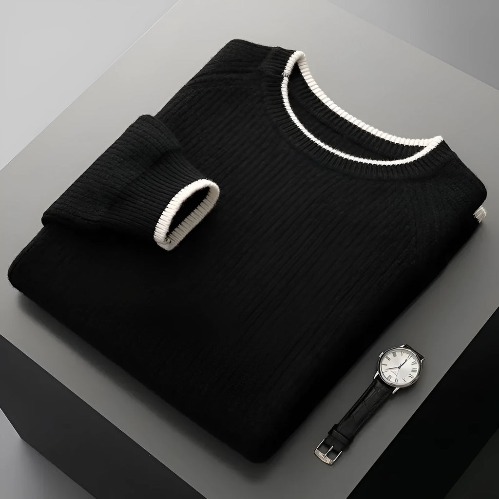 Men's round neck double-strand thickened wool sweater in rough yarn, black colour