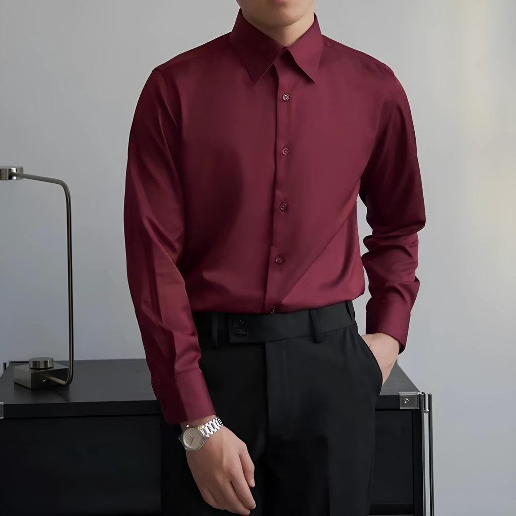 Man wearing a black slim-fit long sleeve cardigan shirt with a Korean-style design.